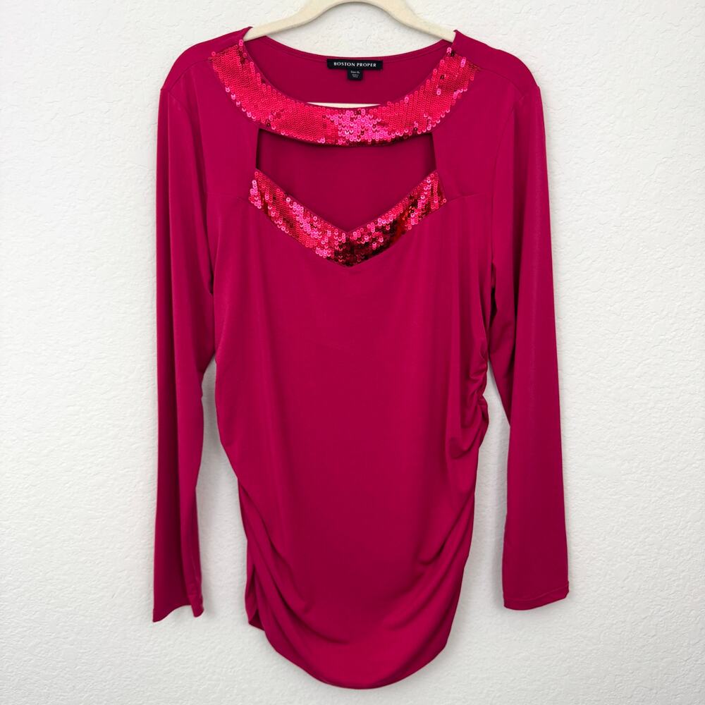 Boston Proper Womens Blouse Top Size XL Sequins Party Ruched Long Sleeve Pink